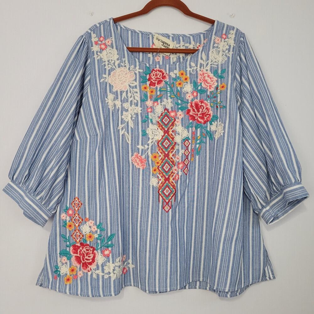 Savanna Jane Striped Floral Embroidered 3/4 Sleeve Top size 2X Boho Coastal